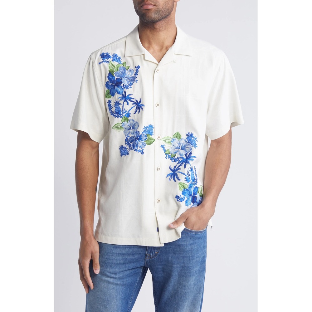 Tommy Bahama Azule Oasis Embroidered Silk Camp Shirt Cream Blue XXL